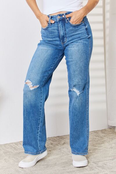 Judy Blue Full Size High Waist Distressed Straight-Leg Jeans-DENIM-Trendsi-Happy Campers Boutique, Women's Fashion and More in Plainwell, MI
