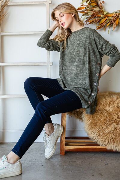 Reborn J Button Side Round Neck Long Sleeve T-Shirt-Ladies Tops-Trendsi-Happy Campers Boutique, Women's Fashion and More in Plainwell, MI