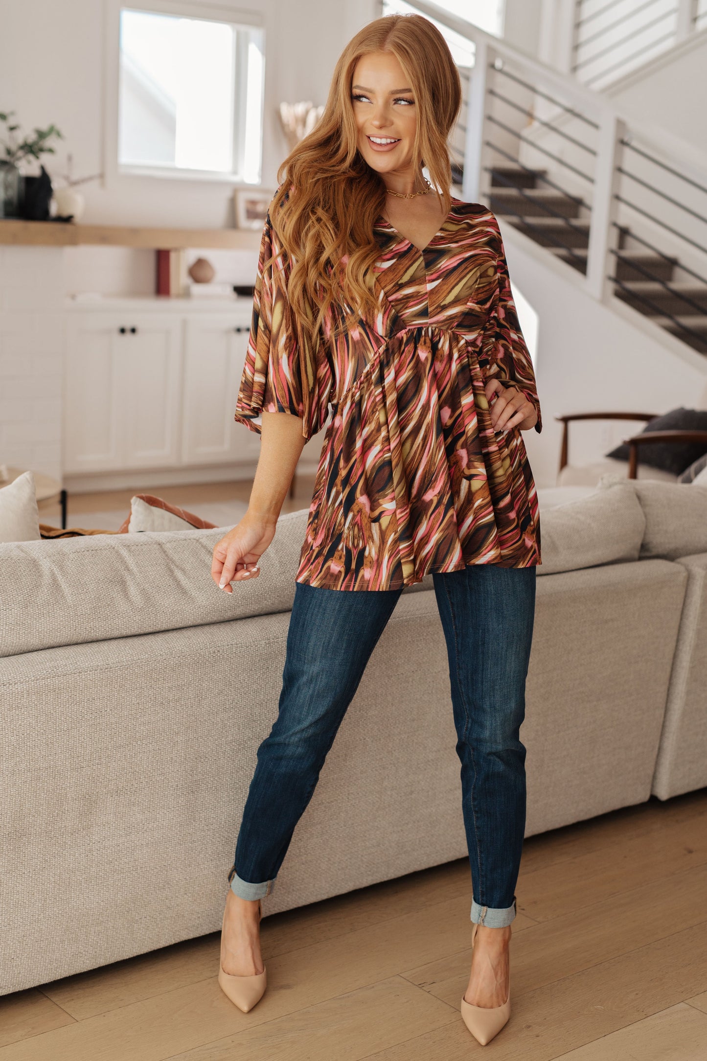 Dearest Dreamer Peplum Top in Abstract Mocha-Womens-Ave Shops-Happy Campers Boutique, Women's Fashion and More in Plainwell, MI