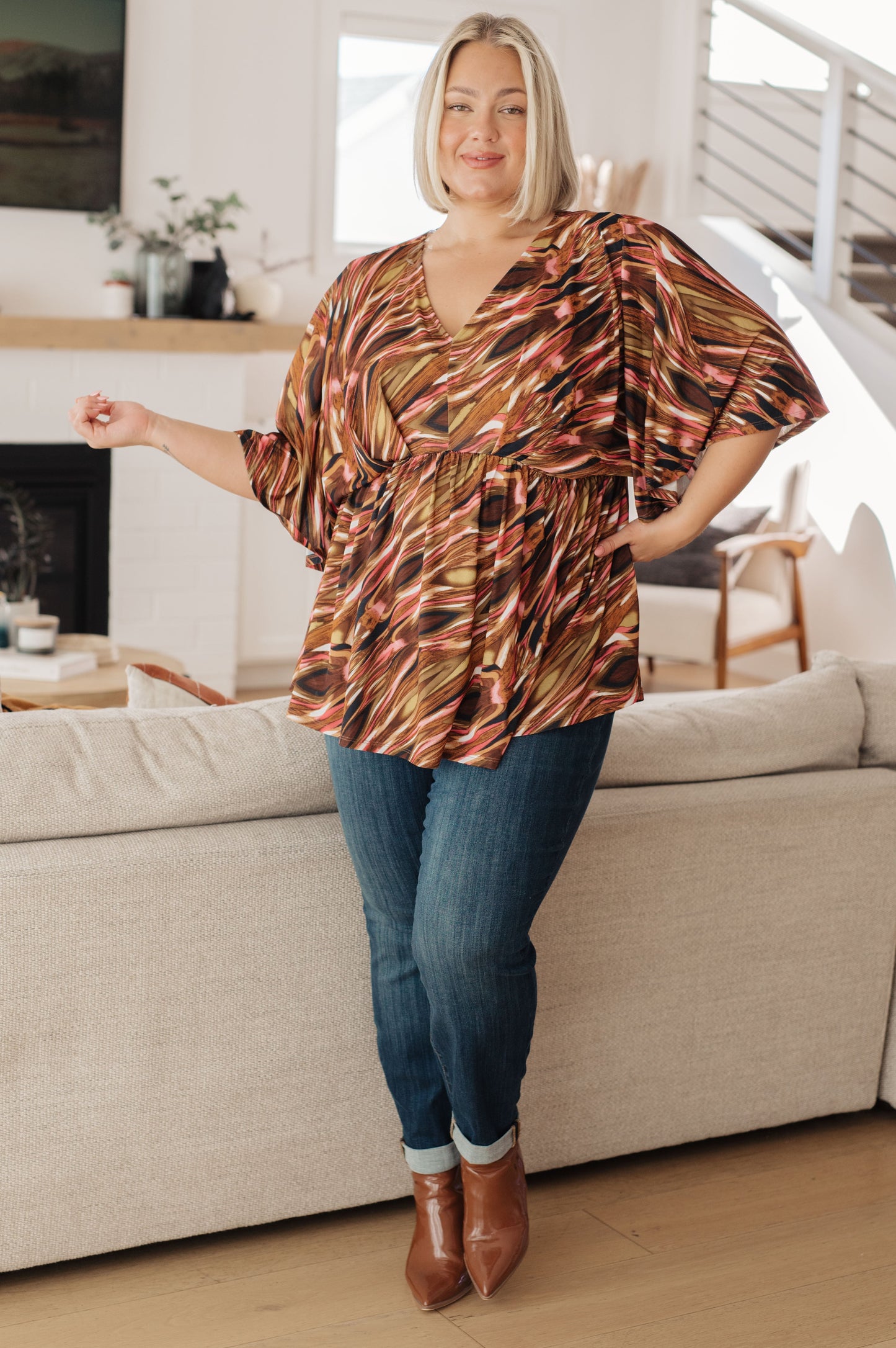 Dearest Dreamer Peplum Top in Abstract Mocha-Womens-Ave Shops-Happy Campers Boutique, Women's Fashion and More in Plainwell, MI