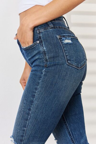 Judy Blue Full Size High Waist Distressed Slim Jeans-DENIM-Trendsi-Happy Campers Boutique, Women's Fashion and More in Plainwell, MI