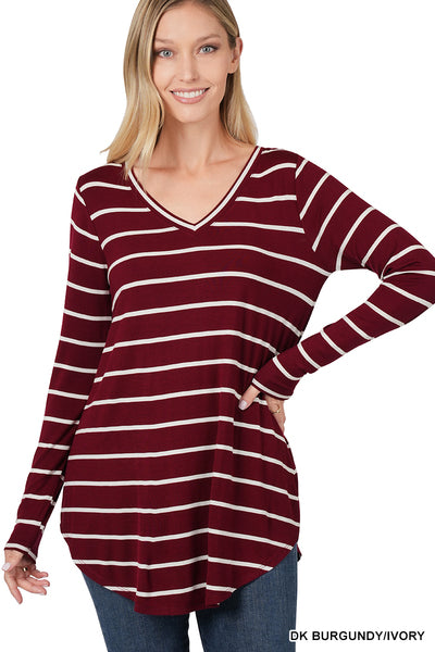 STRIPED V-NECK DOLPHIN HEM TOP-Happy Campers Boutique-Happy Campers Boutique, Women's Fashion and More in Plainwell, MI