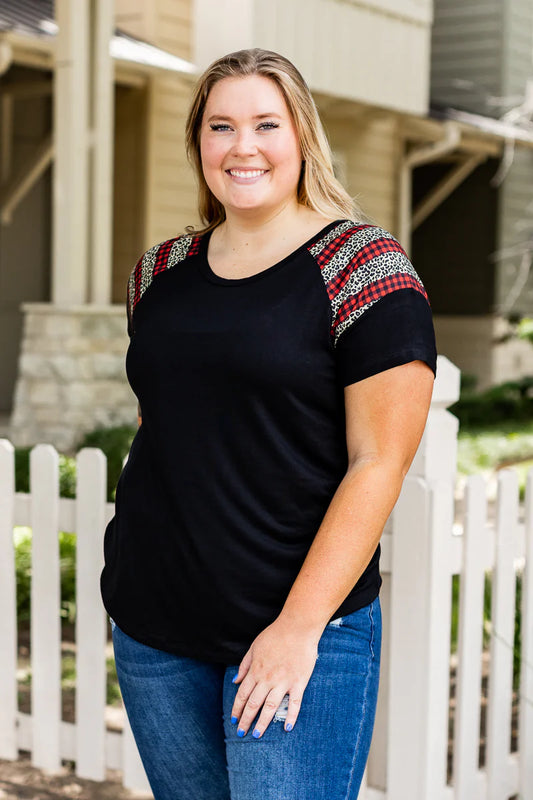 Southern Grace BLACK SHORT SLEEVES T-SHIRT WITH LEOPARD AND RED CHECKERS-Happy Campers Boutique-Happy Campers Boutique, Women's Fashion and More in Plainwell, MI