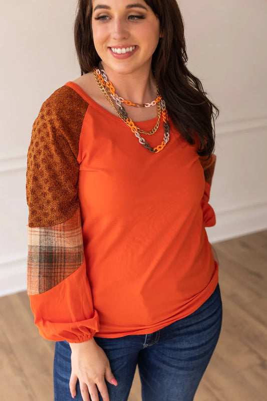 Southern Grace ORANGE PLAID & GLITTER SLEEVE TOP-Happy Campers Boutique-Happy Campers Boutique, Women's Fashion and More in Plainwell, MI