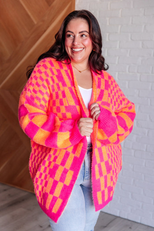 Noticed in Neon Checkered Cardigan in Pink and Orange-Womens-Ave Shops-Happy Campers Boutique, Women's Fashion and More in Plainwell, MI