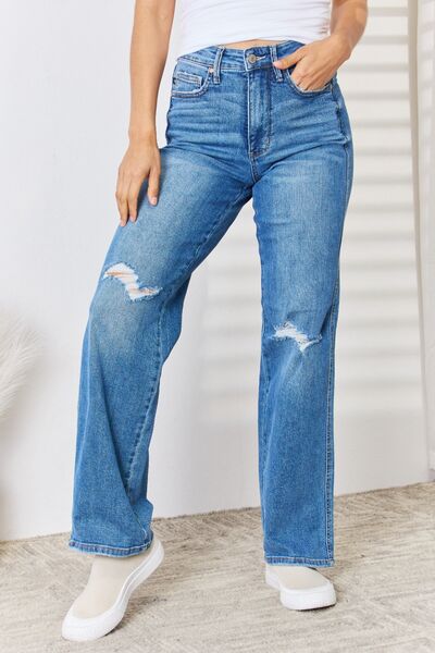 Judy Blue Full Size High Waist Distressed Straight-Leg Jeans-DENIM-Trendsi-Happy Campers Boutique, Women's Fashion and More in Plainwell, MI