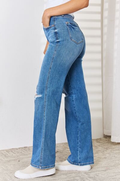 Judy Blue Full Size High Waist Distressed Straight-Leg Jeans-DENIM-Trendsi-Happy Campers Boutique, Women's Fashion and More in Plainwell, MI