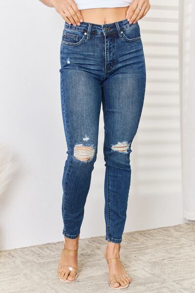 Judy Blue Full Size High Waist Distressed Slim Jeans-DENIM-Trendsi-Happy Campers Boutique, Women's Fashion and More in Plainwell, MI