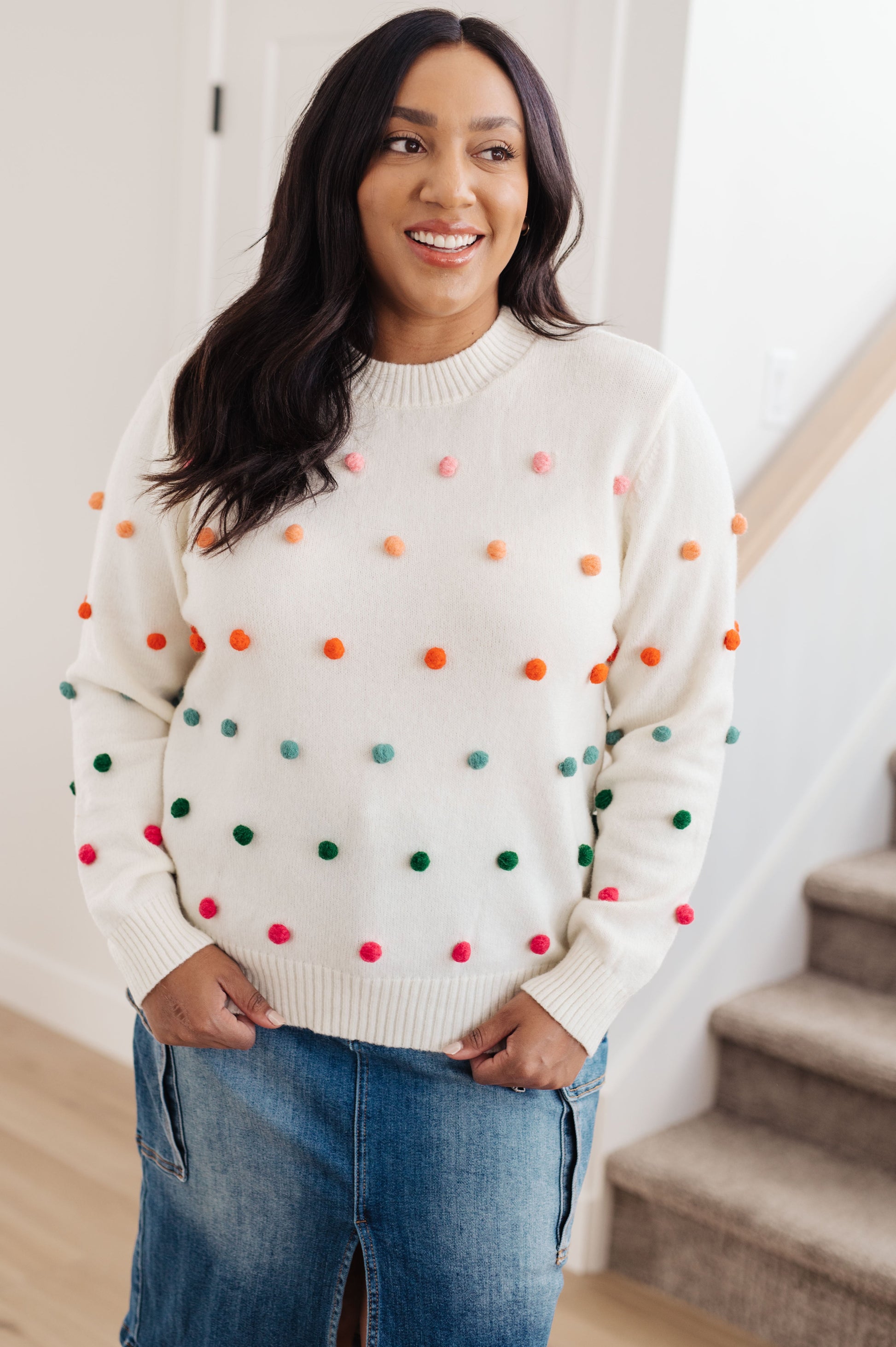 Candy Buttons Pom Detail Sweater-Womens-Ave Shops-Happy Campers Boutique, Women's Fashion and More in Plainwell, MI