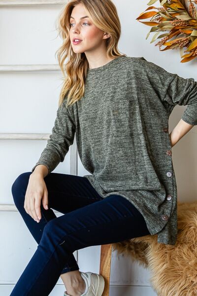 Reborn J Button Side Round Neck Long Sleeve T-Shirt-Ladies Tops-Trendsi-Happy Campers Boutique, Women's Fashion and More in Plainwell, MI