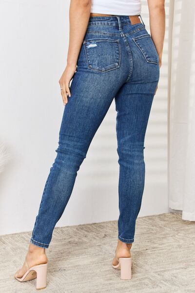Judy Blue Full Size High Waist Distressed Slim Jeans-DENIM-Trendsi-Happy Campers Boutique, Women's Fashion and More in Plainwell, MI